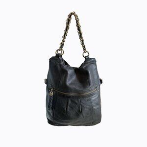 Vintage Soft Black Leather Slouchy Hobo Bucket Bag Chain Strap Y2K 90s Boho Chic